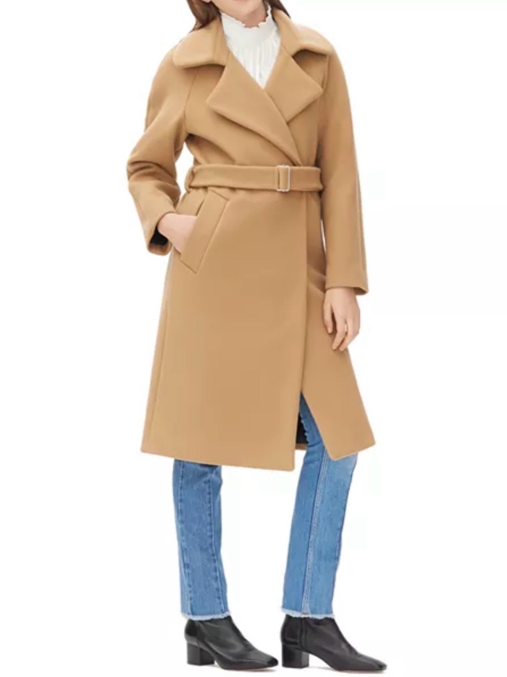 Sandro Paris Malory Wool Camel Belted Wrap Trench Coat 36